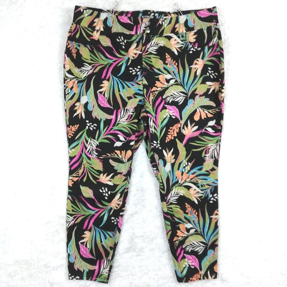 Terra & Sky Pants - Terra & Sky Womens Pants Skinny Legging Crop Black‎ Tropical Pull On Plus 3X 24W